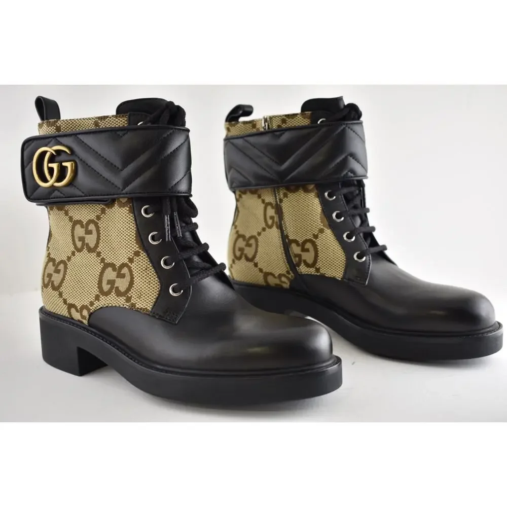 Gucci Marmont Black Leather Beige GG Coated Canvas Logo Print Combat Boots 38